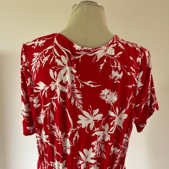 Red Tropical Floral Print Short Sleeve Wrap Maxi Dress Plus Sz 2X Stretch Cruise - Picture 7 of 10